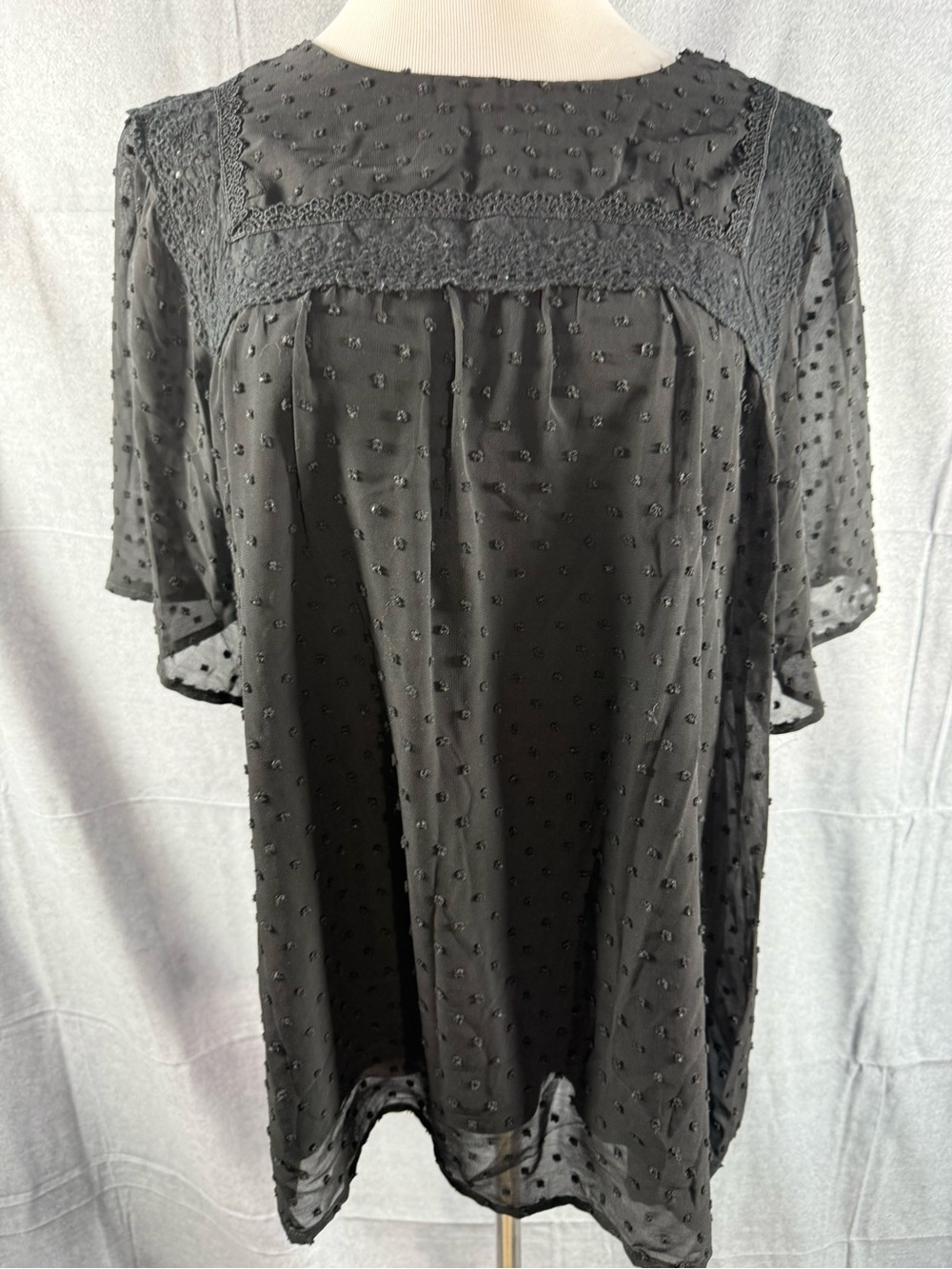 2437-Dokotoo Women's Black Swiss Dot Lace Yoke Tunic Top